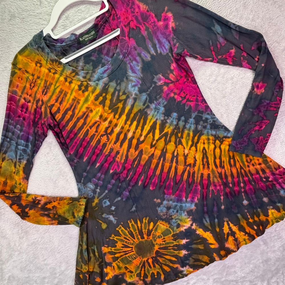 Kathmandu Imports Womens Tunic S/M Multicolor Tie Dye Flare Long Sleeve Top